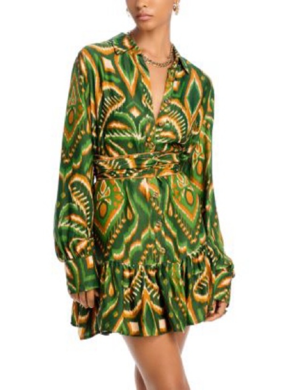 FARM Rio Green and Tan Ikat-Print Long-Sleeve Tie-Waist Dress